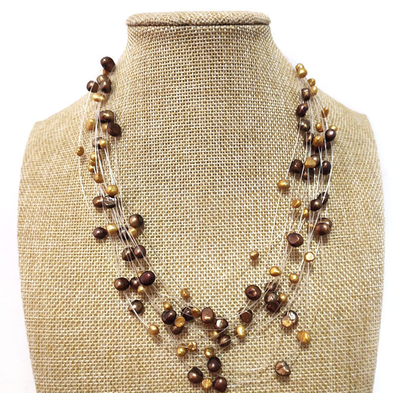 18-24 inches Multi-Layered 4-8mm Coffee Nugget Pearl Necklace
