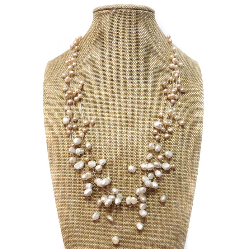 18-24 inches Multi-Layer 4-8mm White&Pink Nugget Pearl Necklace