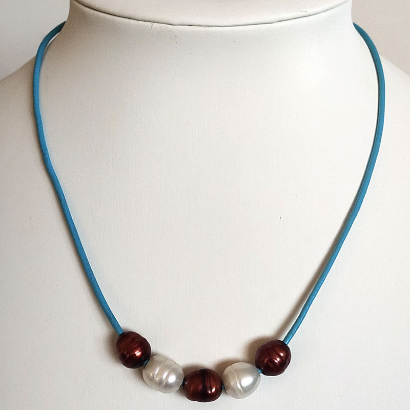 18 inches Blue Leather 10-11mm Multicolor Pearl Necklace