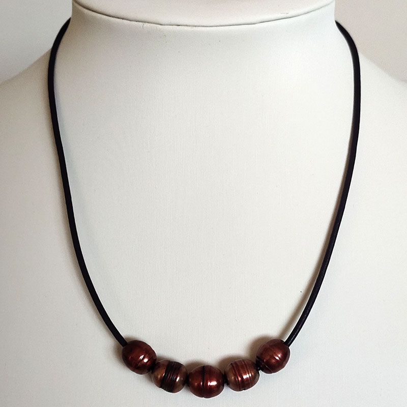 18 inches Black Leather 10-11mm Multicolor Pearl Necklace