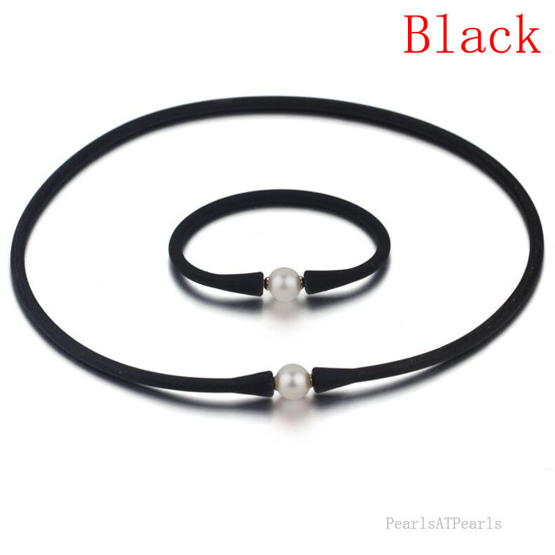 11-12mm Natural Round Pearl Black Rubber Silicone Necklace Set
