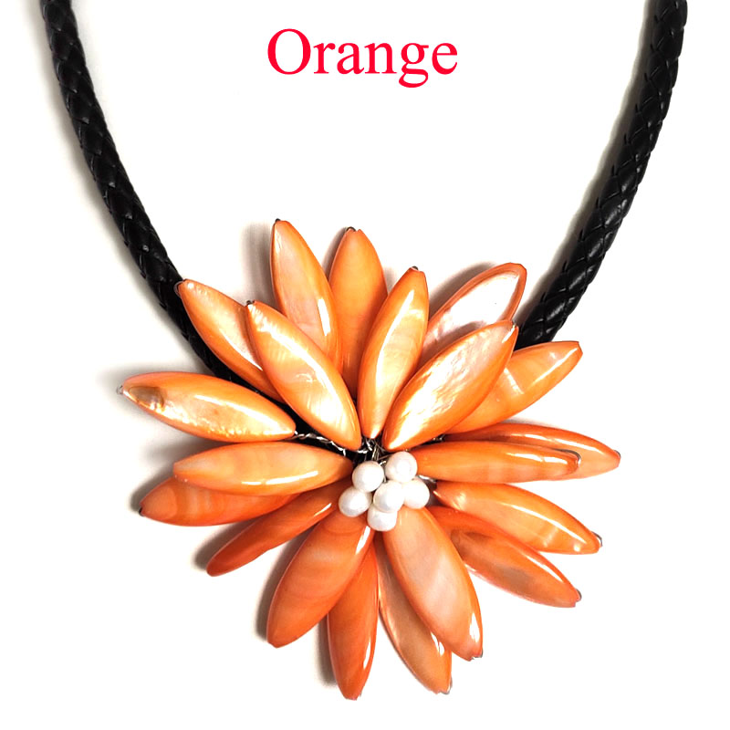 18 inches Orange Natural Mother of Pearl Shell Leather Necklace