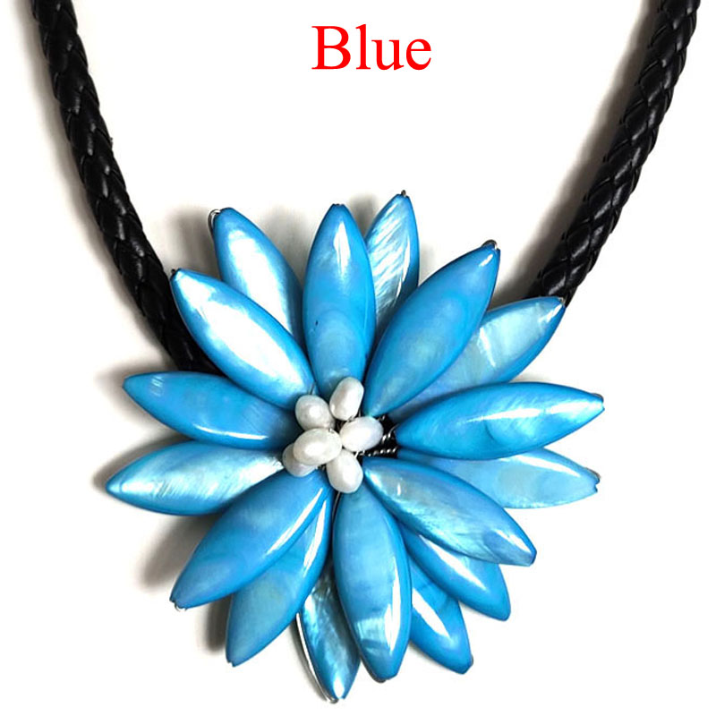 18 inches Blue Natural Mother of Pearl Shell Leather Necklace