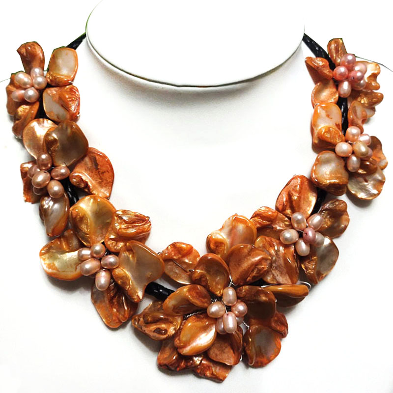 18 inches Natural Leather Seven Orange Shell Flower Necklace