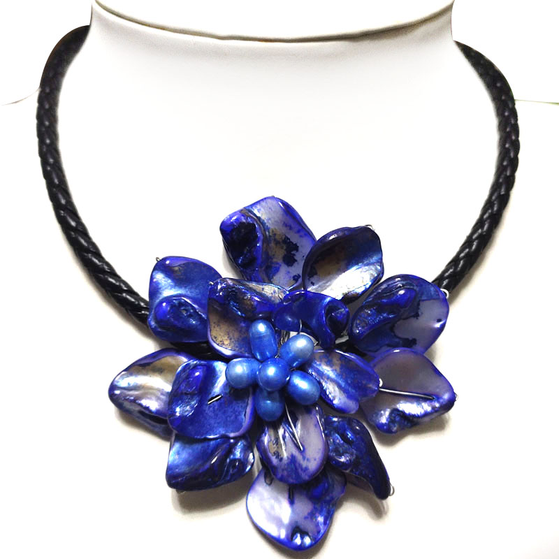 18 inches Natural Leather Dark Blue Shell Flower Women Necklace