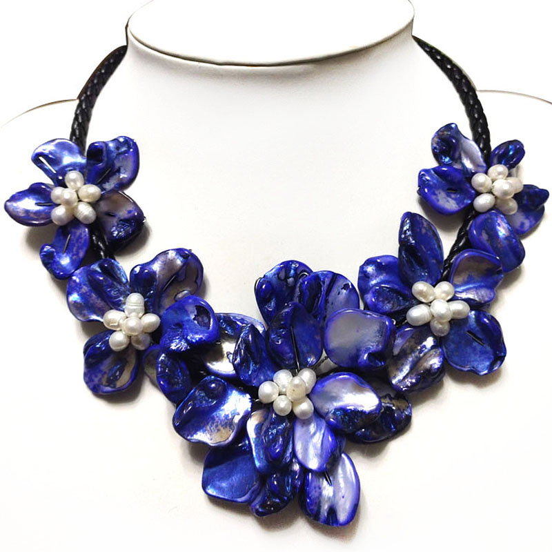 18 inches Natural Leather Dark Blue Five Shell Flower Necklace