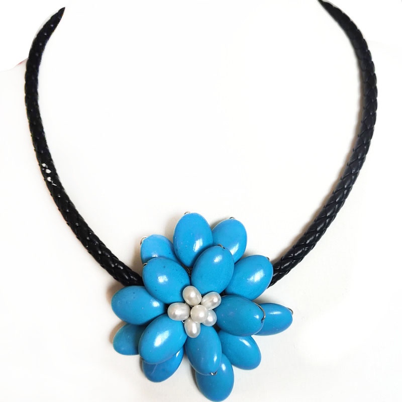 18 inches Natural Leather One Blue Turquoise Flower Necklace