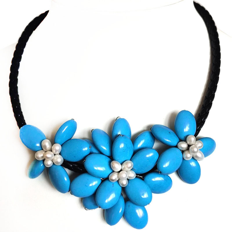18 inches Natural Leather Three Blue Turquoise Flower Necklace