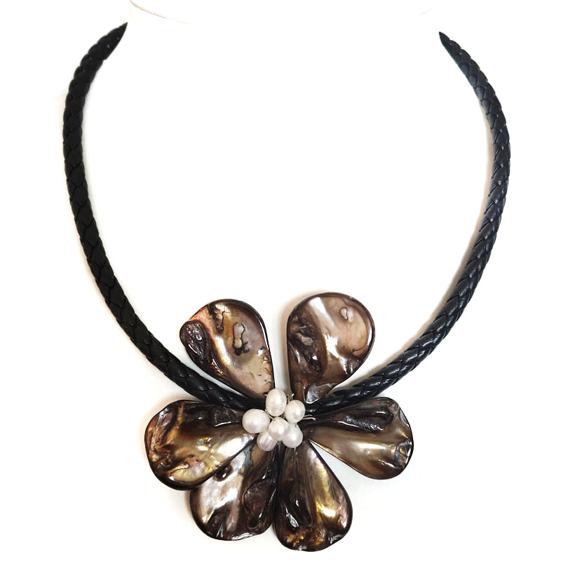18 inches Natural Leather One Coffee Sea Shell Flower Necklace