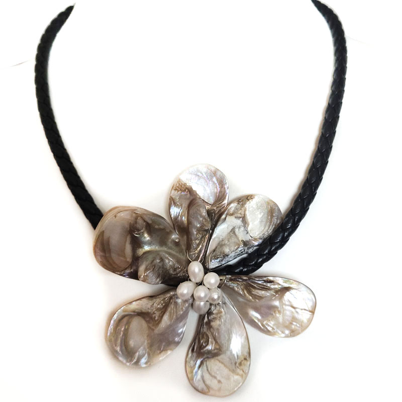 18 inches Natural Leather Single White Sea Shell Flower Necklace