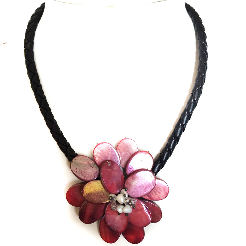 18 inches Natural Leather Single Red Flower Shell Necklace