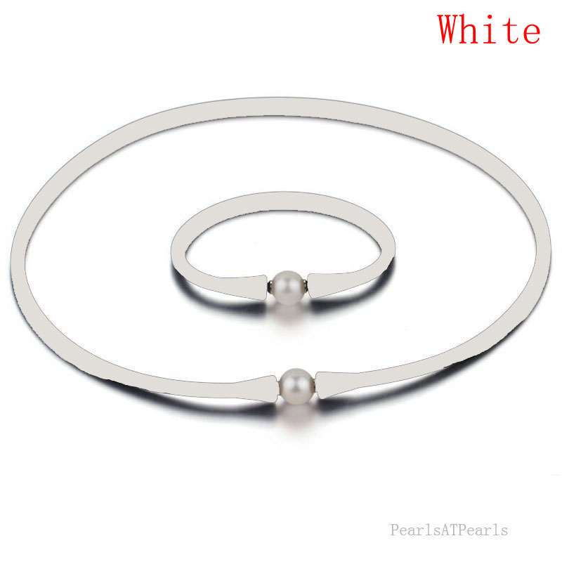 11-12mm Natural Round Pearl White Rubber Silicone Necklace Set
