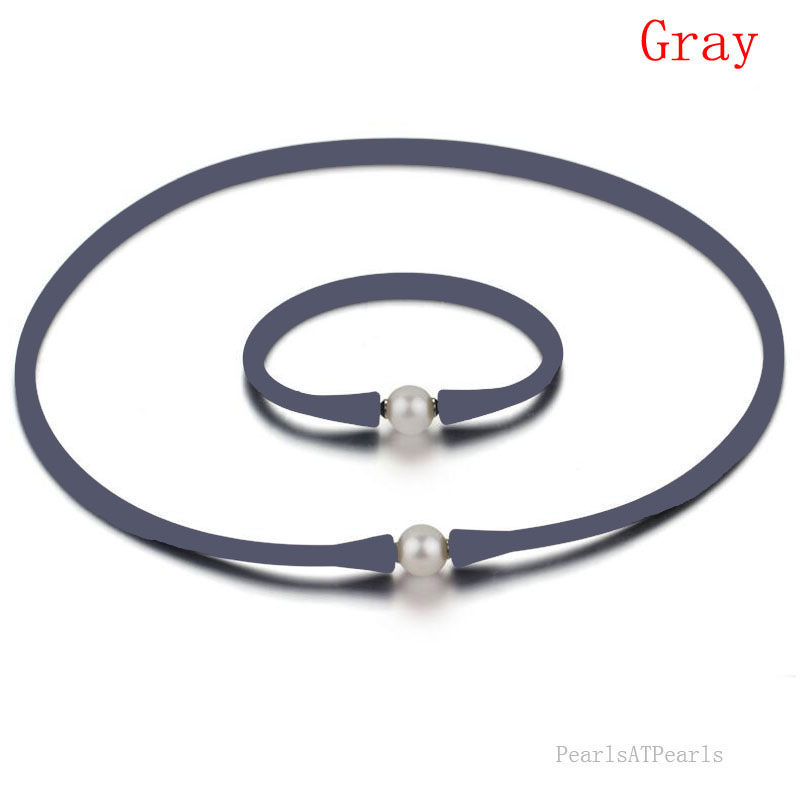 11-12mm Natural Pearl Dark Gray Rubber Silicone Necklace Set