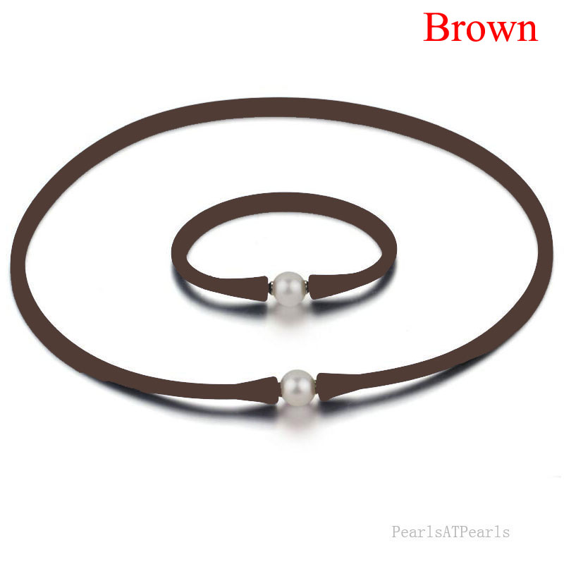 11-12mm Natural Round Pearl Brown Rubber Silicone Necklace Set
