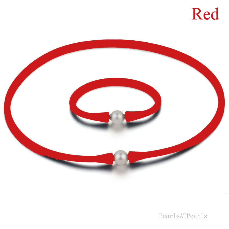 11-12mm Natural Round Pearl Red Rubber Silicone Necklace Set