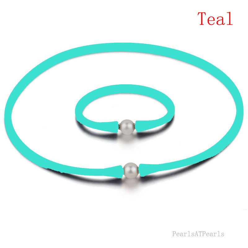 11-12mm Natural Round Pearl Teal Rubber Silicone Necklace Set