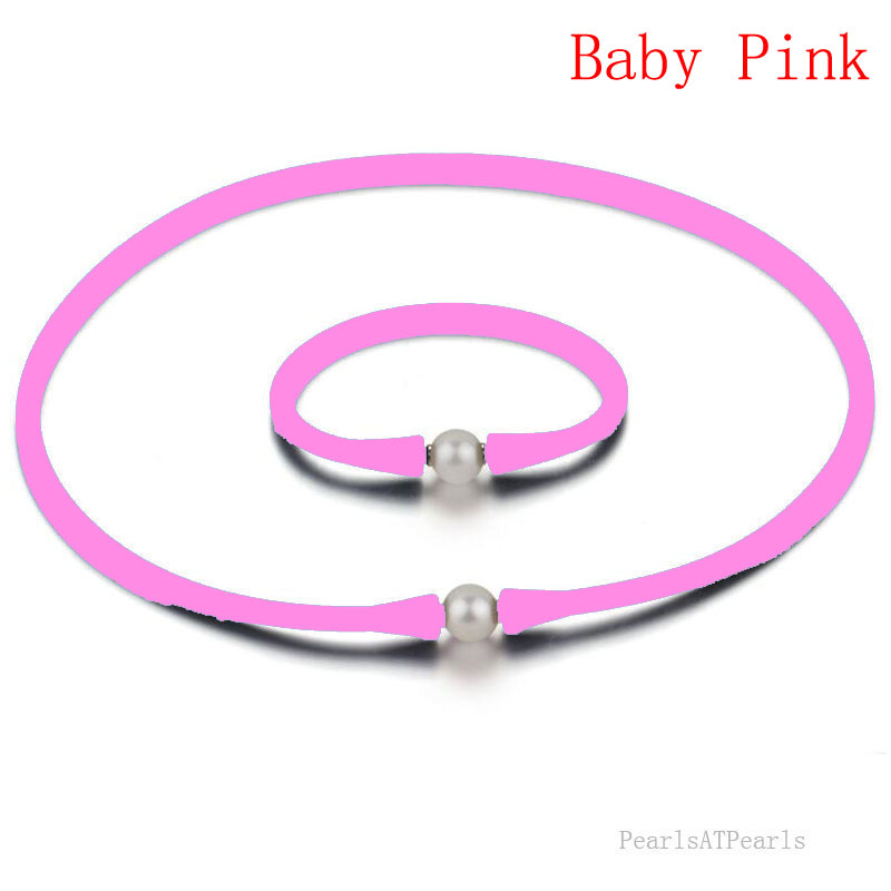 11-12mm Natural Pearl Baby Pink Rubber Silicone Necklace Set