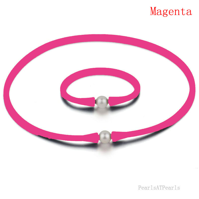 11-12mm Natural Round Pearl Magenta Rubber Silicone Necklace Set