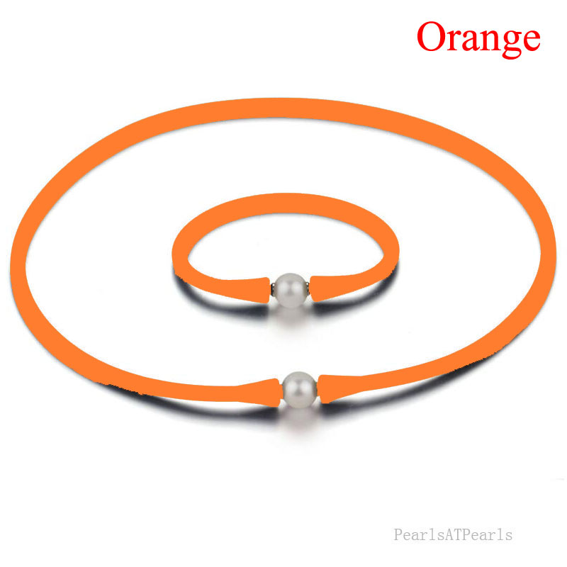 11-12mm Natural Round Pearl Orange Rubber Silicone Necklace Set