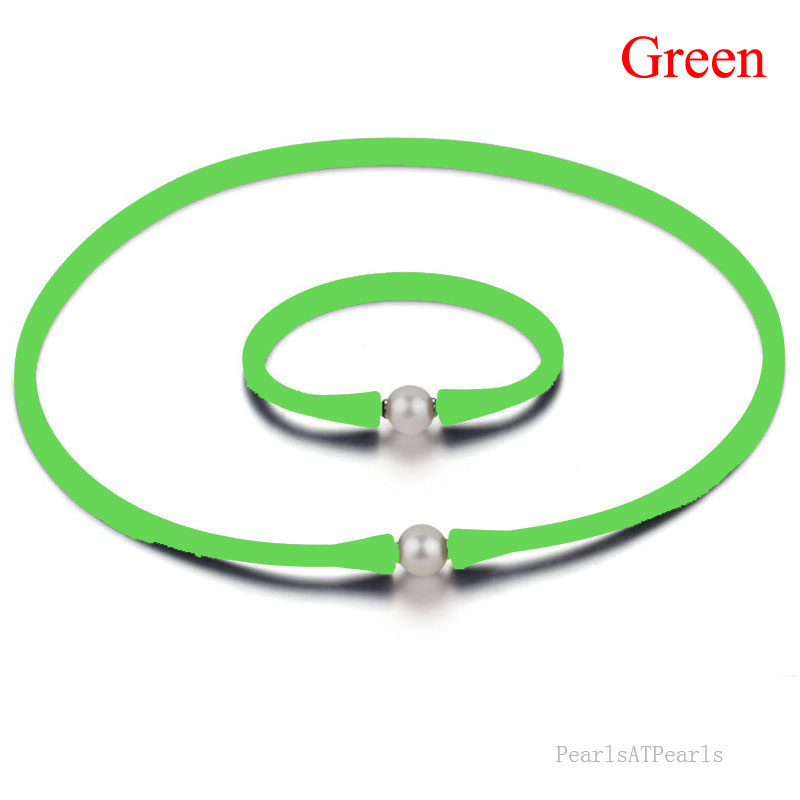 11-12mm Natural Round Pearl Green Rubber Silicone Necklace Set