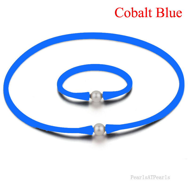 11-12mm Natural Pearl Cobalt Blue Rubber Silicone Necklace Set