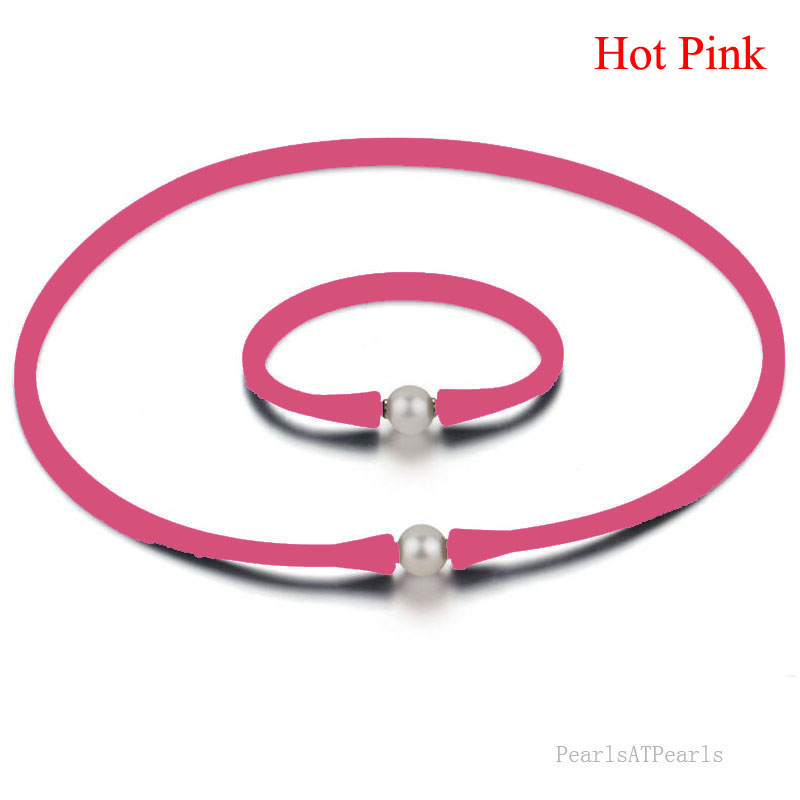 11-12mm Natural Pearl Hot Pink Rubber Silicone Necklace Set