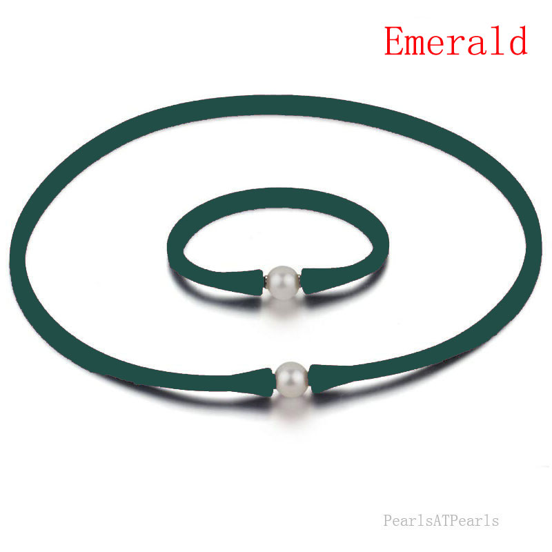 11-12mm Natural Round Pearl Emerald Rubber Silicone Necklace Set