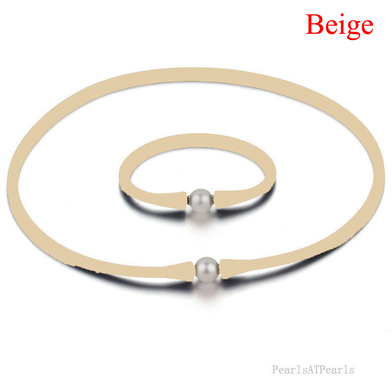 11-12mm Natural Round Pearl Beige Rubber Silicone Necklace Set
