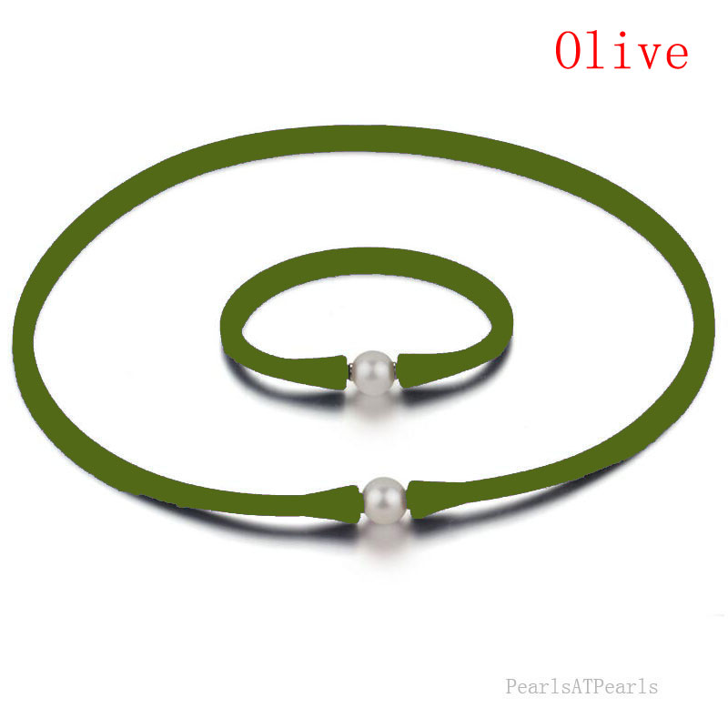 11-12mm Natural Pearl Olive Green Rubber Silicone Necklace Set
