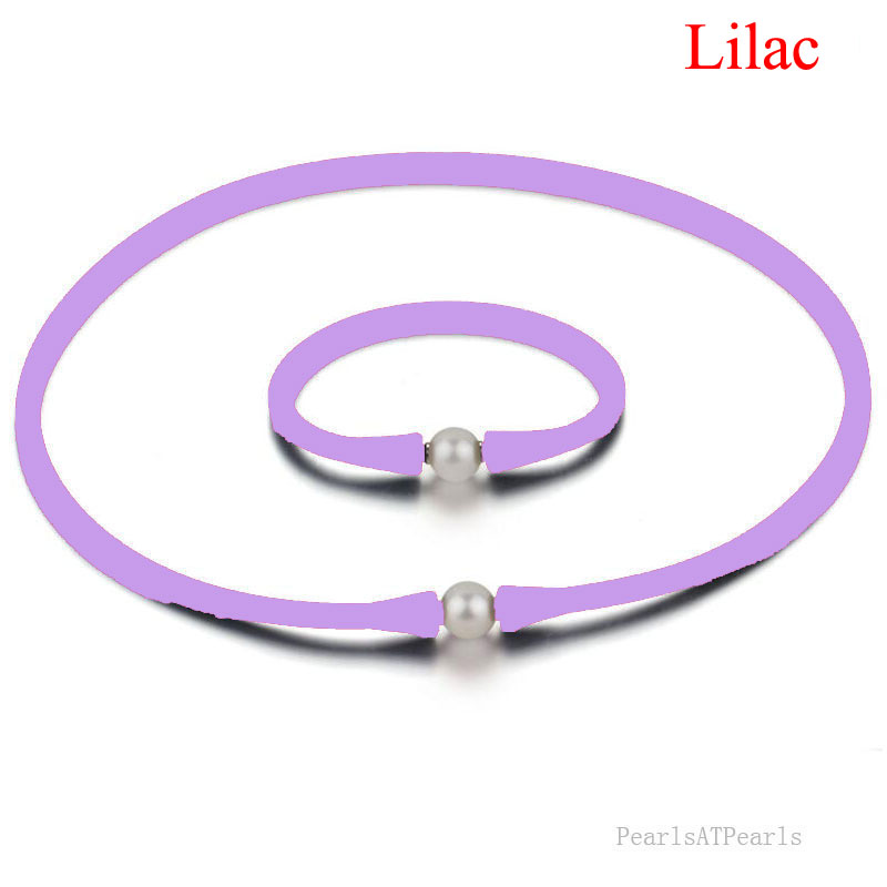 11-12mm Natural Round Pearl Lilac Rubber Silicone Necklace Set