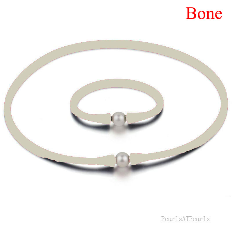 11-12mm Natural Round Pearl Bone Rubber Silicone Necklace Set