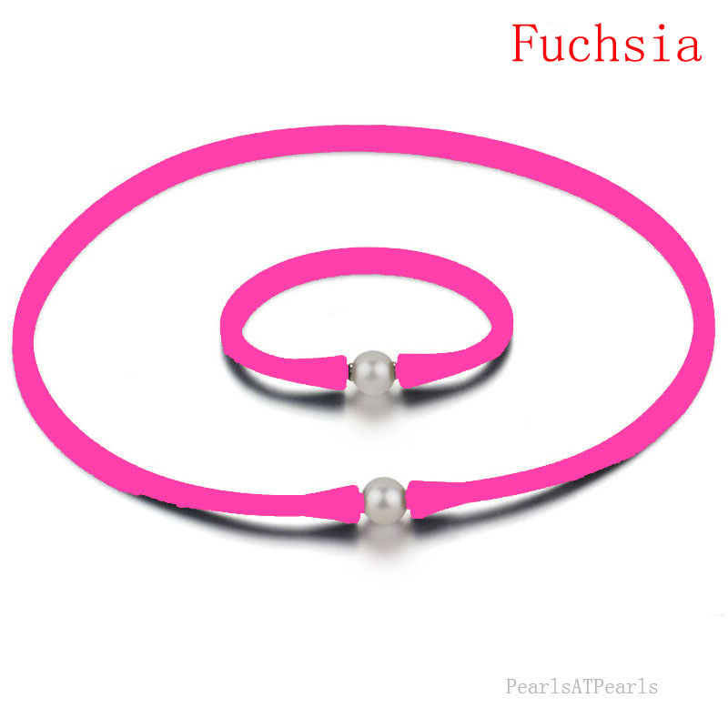 11-12mm Natural Round Pearl Fuchsia Rubber Silicone Necklace Set