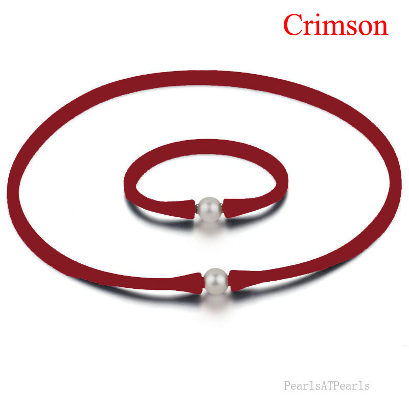 11-12mm Natural Round Pearl Crimson Rubber Silicone Necklace Set