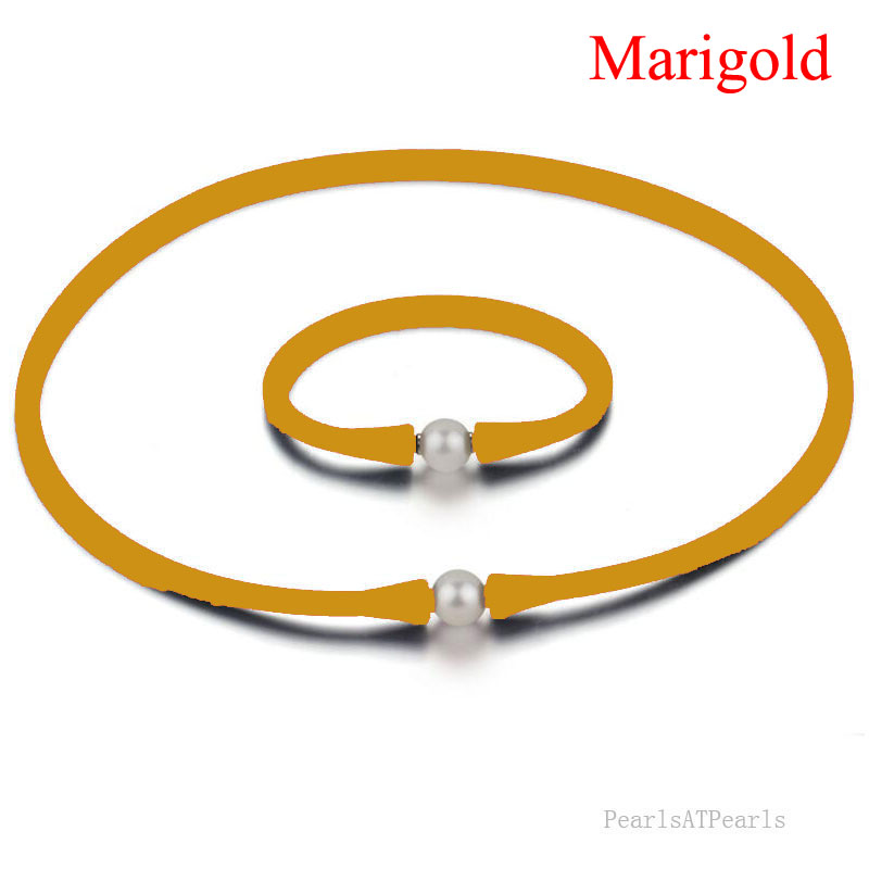 11-12mm Natural Pearl Marigold Rubber Silicone Necklace Set