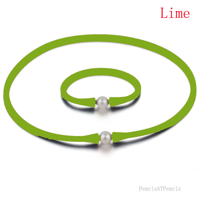 11-12mm Natural Round Pearl Lime Rubber Silicone Necklace Set