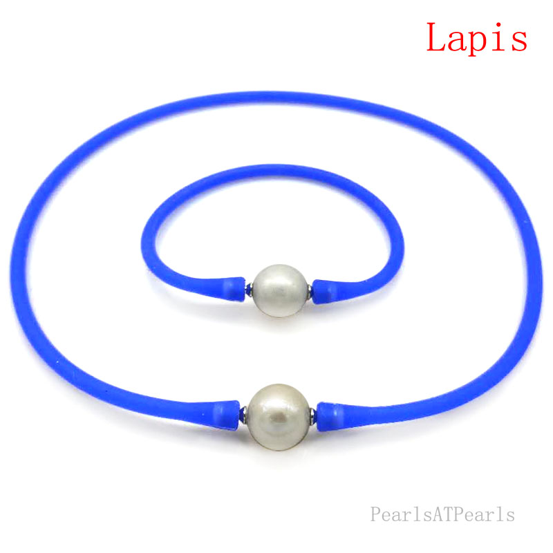 11-12mm Natural Round Pearl Lapis Rubber Silicone Necklace Set