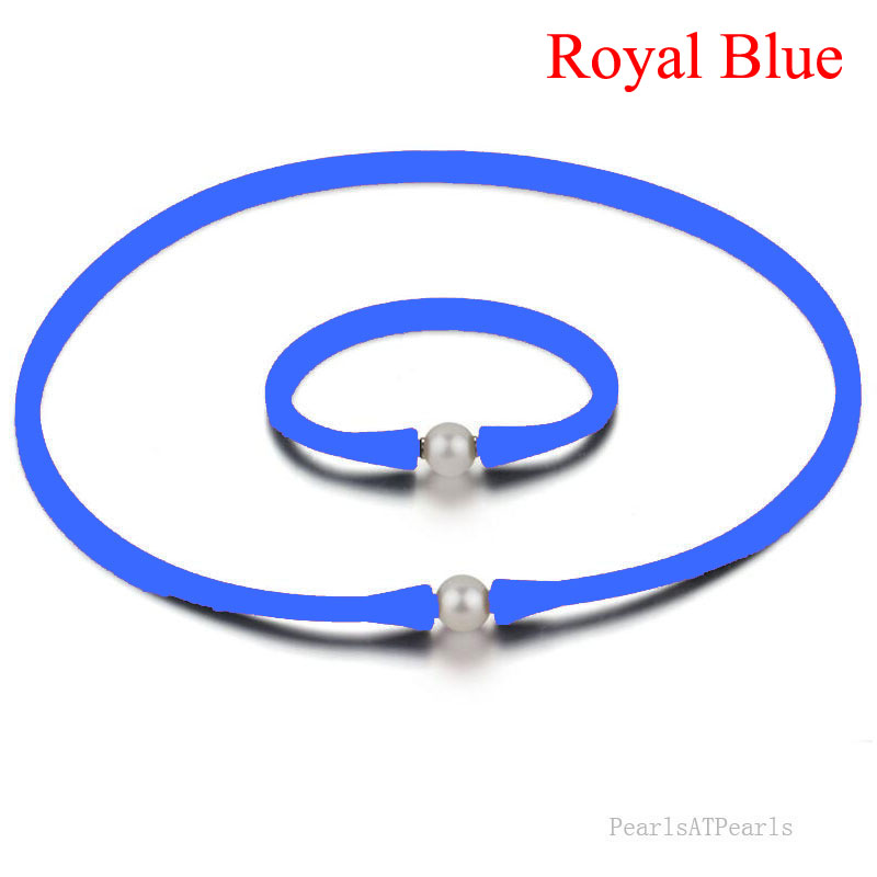 11-12mm Natural Pearl Royal Blue Rubber Silicone Necklace Set