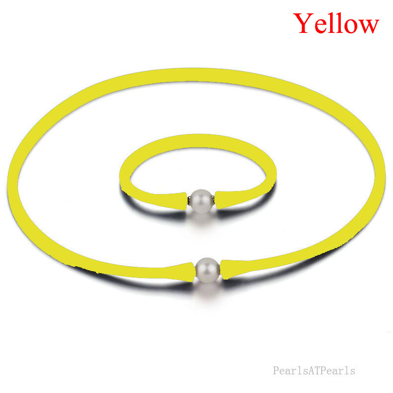 11-12mm Natural Round Pearl Yellow Rubber Silicone Necklace Set
