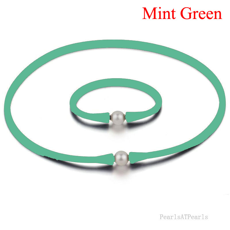 11-12mm Natural Pearl Mint Green Rubber Silicone Necklace Set