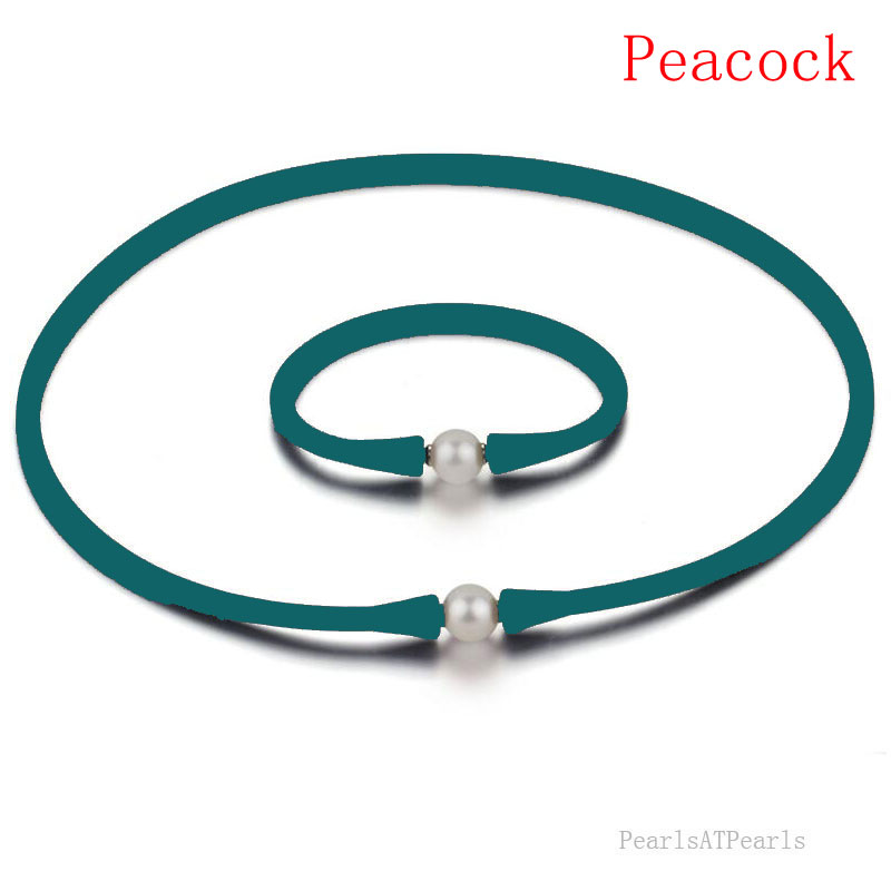11-12mm Natural Round Pearl Peacock Rubber Silicone Necklace Set