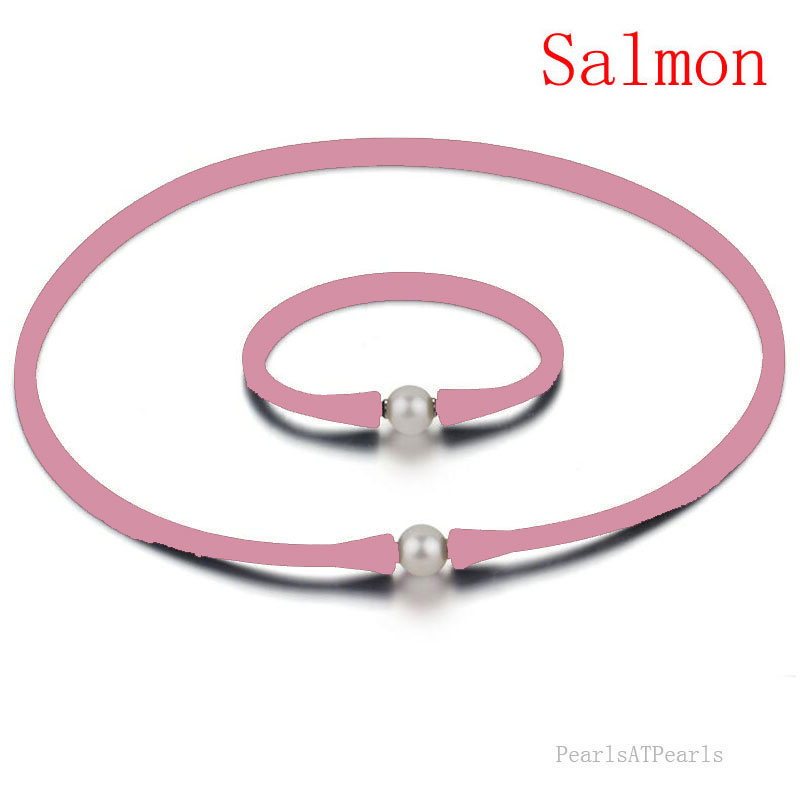 11-12mm Natural Round Pearl Salmon Rubber Silicone Necklace Set