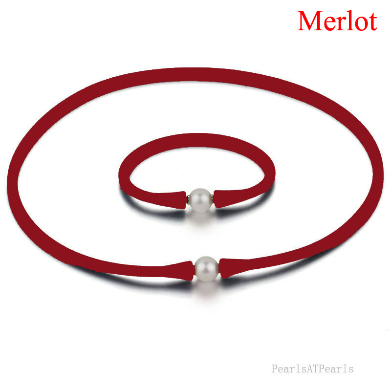 11-12mm Natural Round Pearl Merlot Rubber Silicone Necklace Set