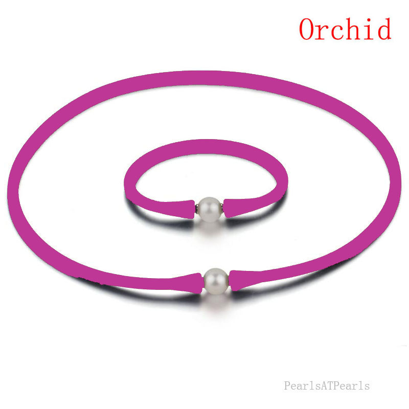 11-12mm Natural Round Pearl Orchid Rubber Silicone Necklace Set