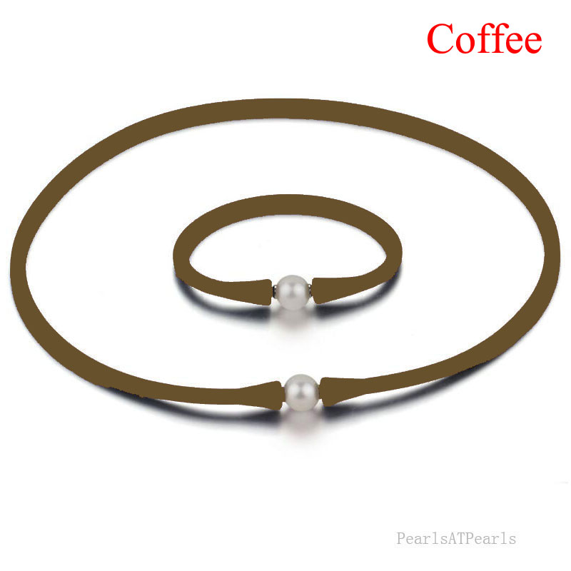 11-12mm Natural Round Pearl Coffee Rubber Silicone Necklace Set