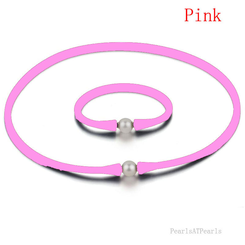 11-12mm Natural Round Pearl Pink Rubber Silicone Necklace Set