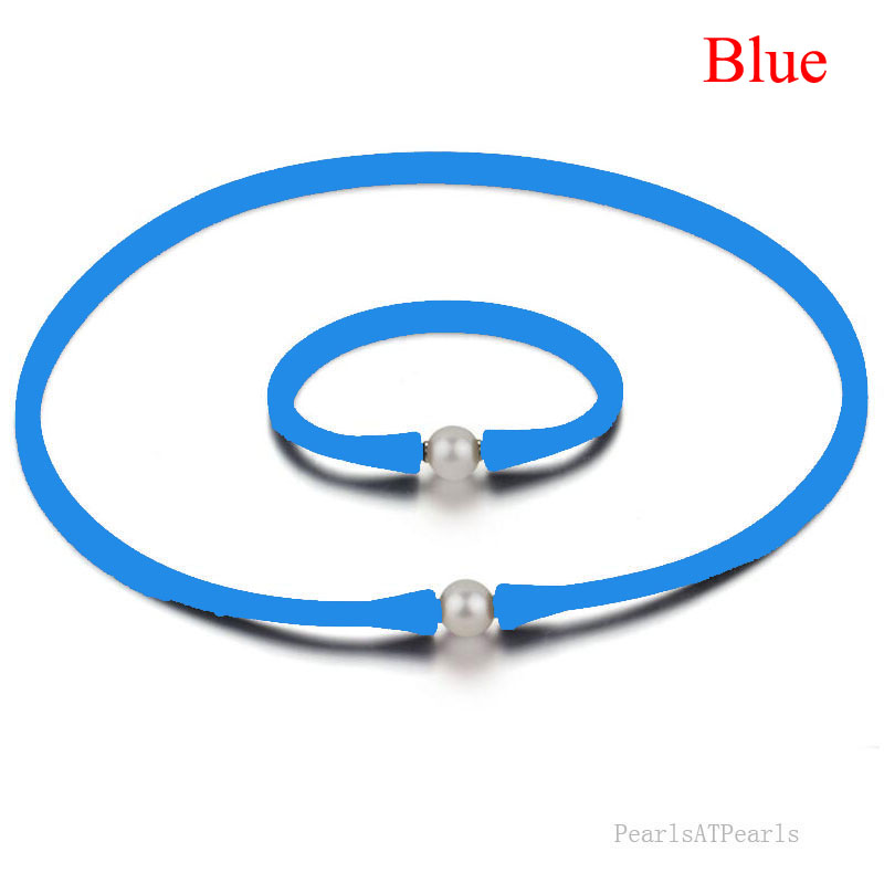 11-12mm Natural Round Pearl Blue Rubber Silicone Necklace Set