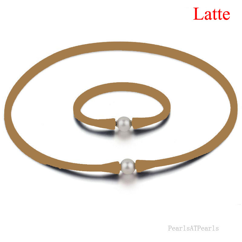 11-12mm Natural Round Pearl Latte Rubber Silicone Necklace Set