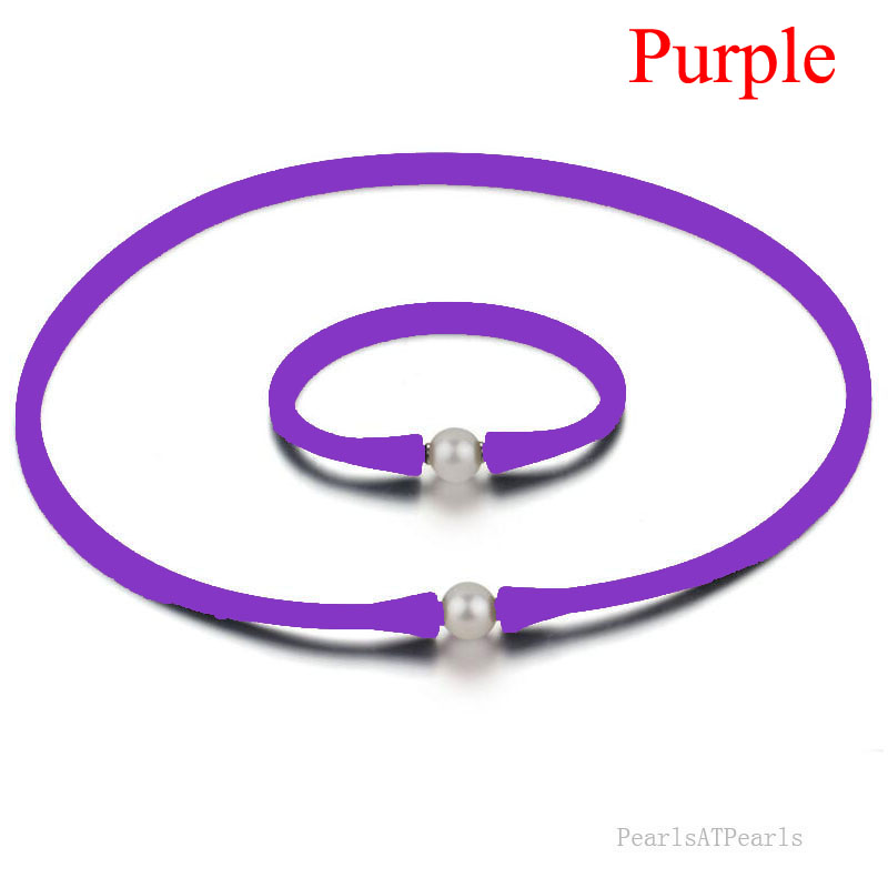 11-12mm Natural Round Pearl Purple Rubber Silicone Necklace Set