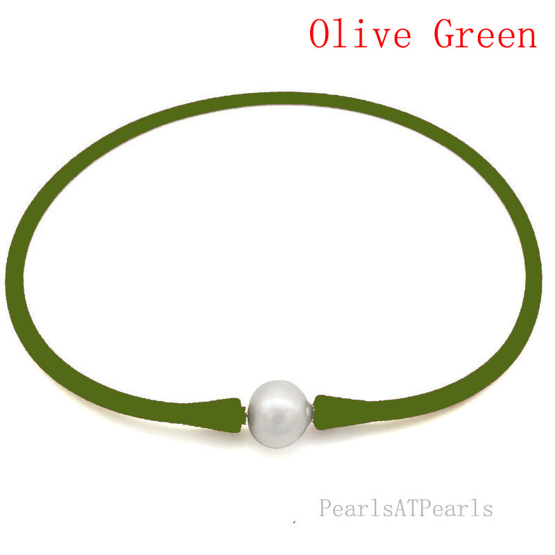 Wholesale 11-12mm Round Pearl Olive Green Rubber Silicone Necklace