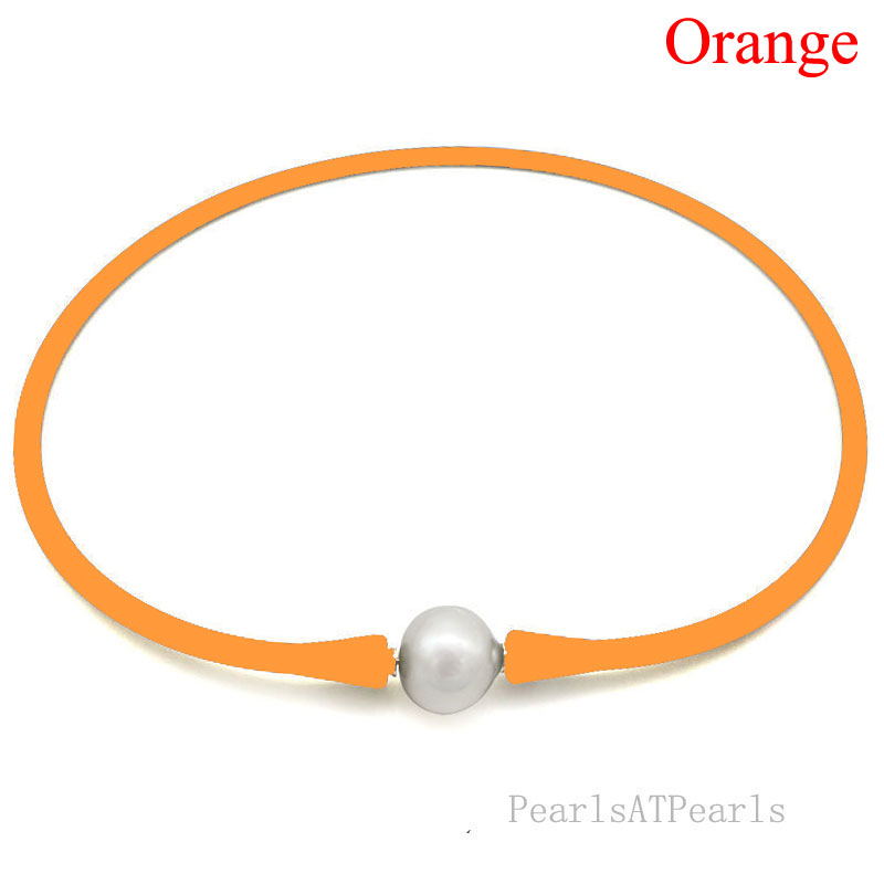 Wholesale 11-12mm Round Pearl Orange Rubber Silicone Necklace